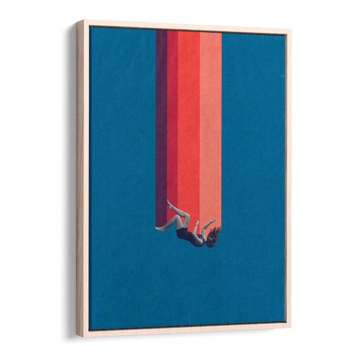 Surreal art print "FALLING LOVE" features a figure descending through vibrant colored stripes. Perfect for any modern decor.