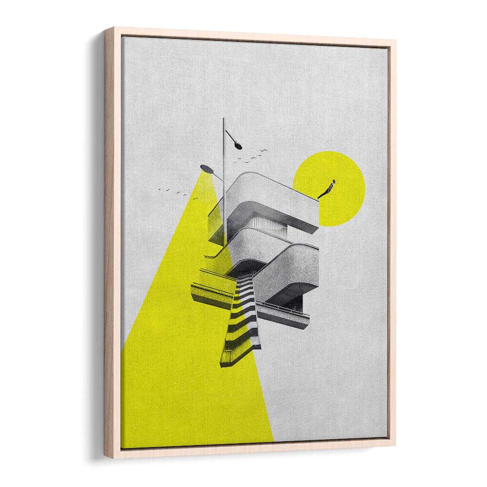 Surreal art print titled "FIRST STEP," featuring geometric shapes and vibrant yellow accents for modern decor.