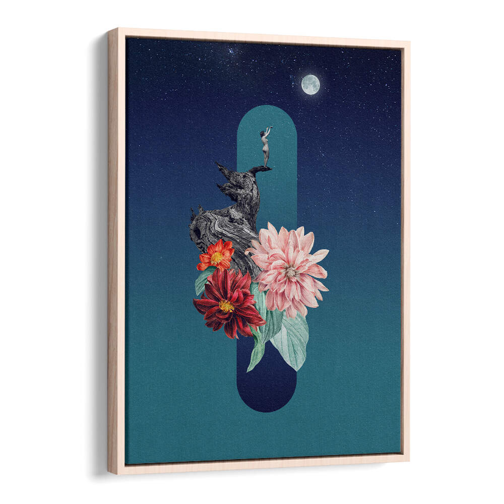 Surreal art print featuring a full moon, vibrant flowers, and a dancer, perfect for your decor collection. FULL MOON, SURREAL ART PRINTS.