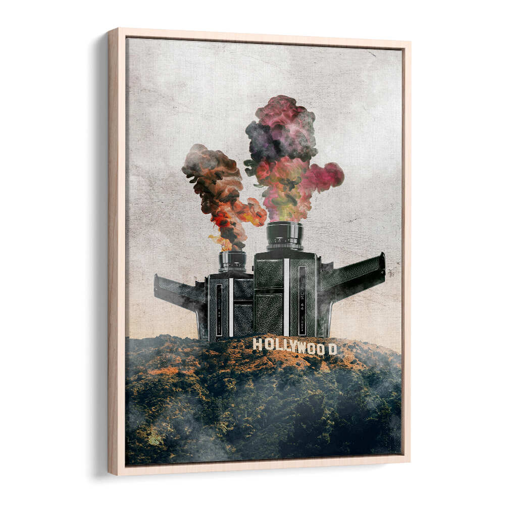 Surreal art print featuring a Hollywood landscape with vibrant smoke, perfect for modern decor enthusiasts.