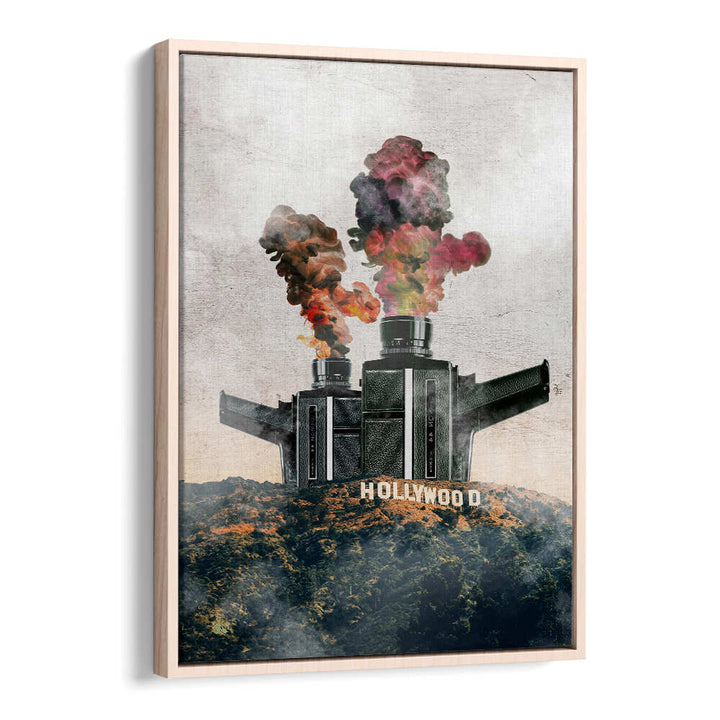 Surreal art print featuring a Hollywood landscape with vibrant smoke, perfect for modern decor enthusiasts.