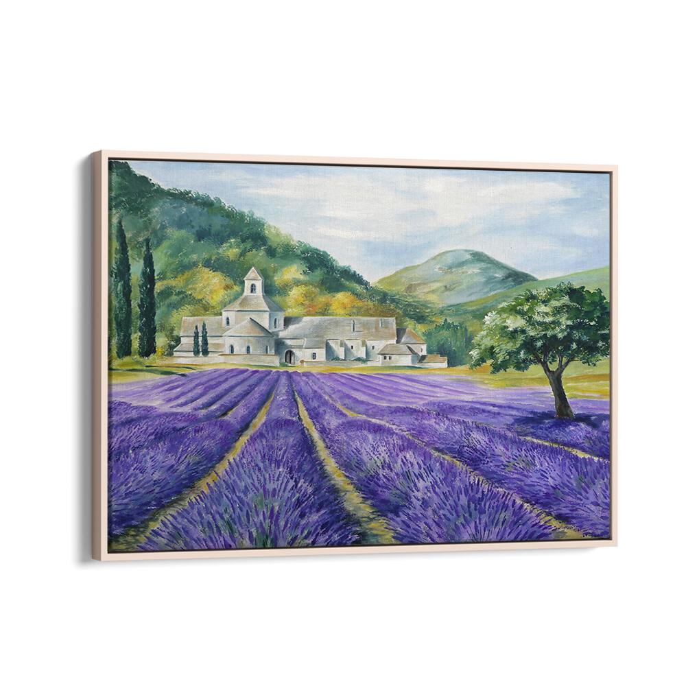 LAVENDER FIELD SERENITY, LANDSCAPE PAINTINGS showcase a tranquil scene of blooming lavender fields and serene hills.