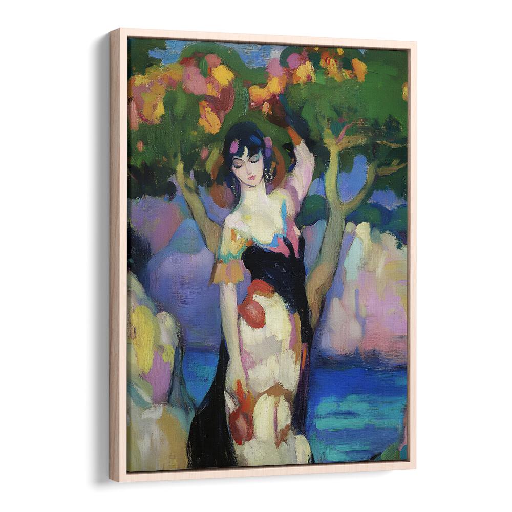 Vibrant colors and elegance define WOMAN BY THE SEA II, beautifully capturing serene coastal life. Perfect for art lovers.