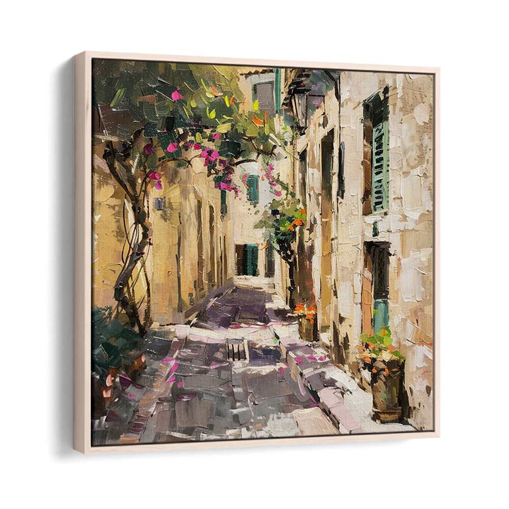 Elegant ALLEYWAY MALLORCA artwork depicting a charming, flower-adorned street scene in Mallorca. Perfect for your home.