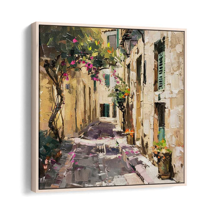 Elegant ALLEYWAY MALLORCA artwork depicting a charming, flower-adorned street scene in Mallorca. Perfect for your home.