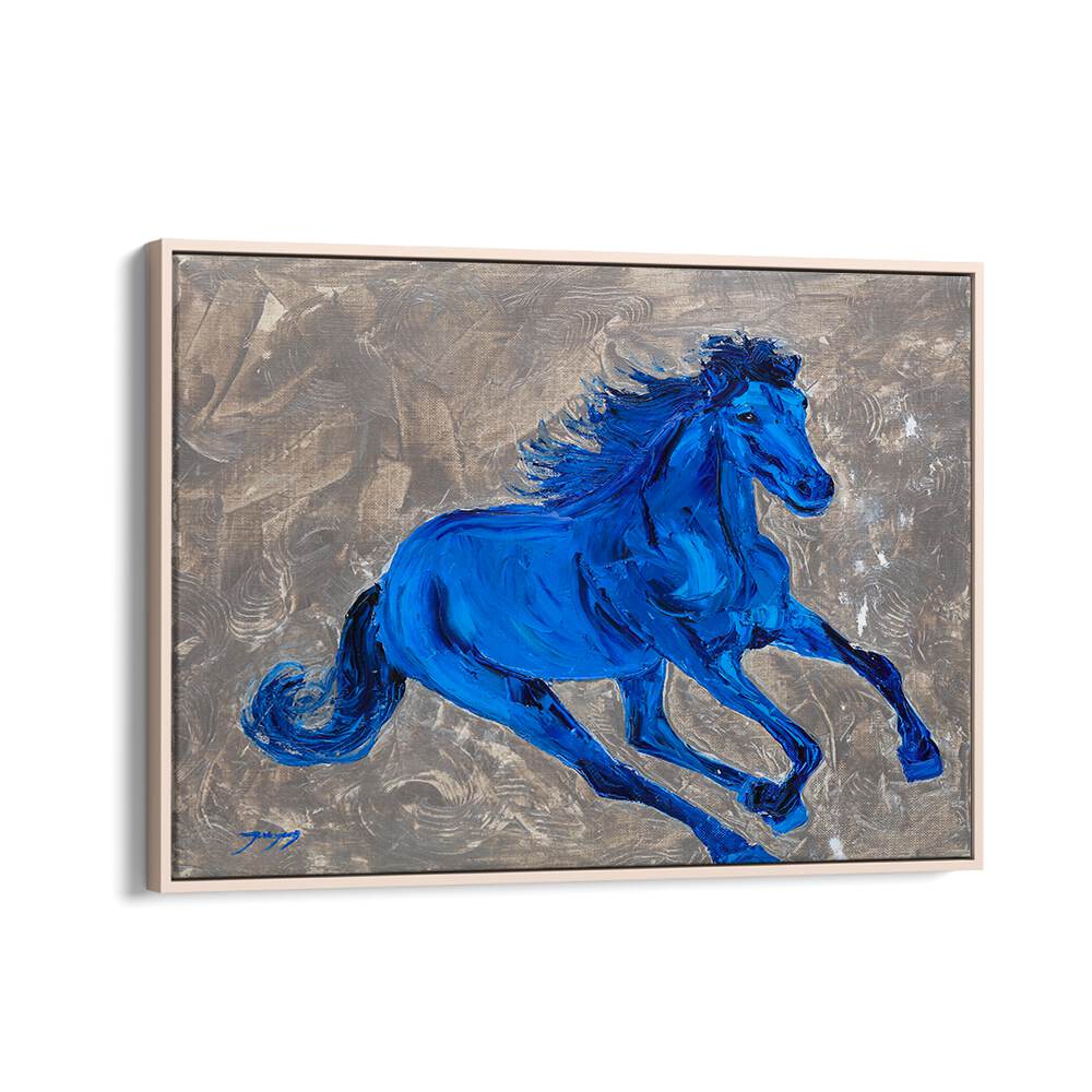 Vibrant BLUE HORSE , ANIMAL PAINTINGS showcasing a dynamic blue horse on a textured background, perfect for art lovers.