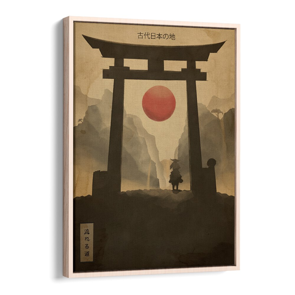 FLOWING PATH, JAPANESE PAINTINGS offers a serene landscape featuring a torii gate and a rising sun, perfect for decor.