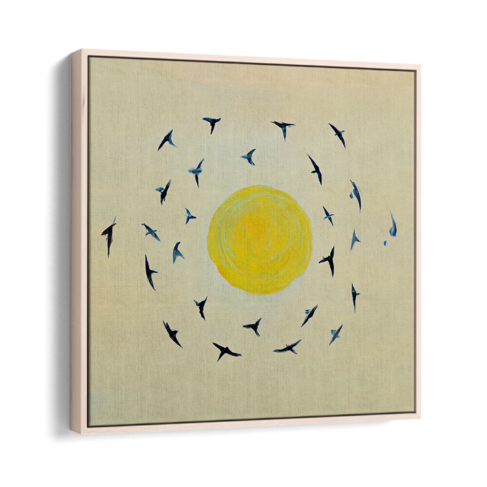 FLY AWAY WITH ME, KIDS ROOM PAINTINGS featuring birds flying around a bright yellow sun by Oakwood Floater.