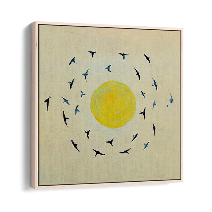 FLY AWAY WITH ME, KIDS ROOM PAINTINGS featuring birds flying around a bright yellow sun by Oakwood Floater.