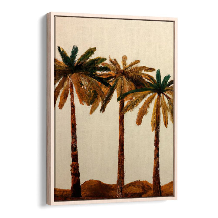 PALM TRIO, BEACH PAINTINGS showcasing three palm trees with earthy tones and a serene beach vibe by OakwoodFloater.