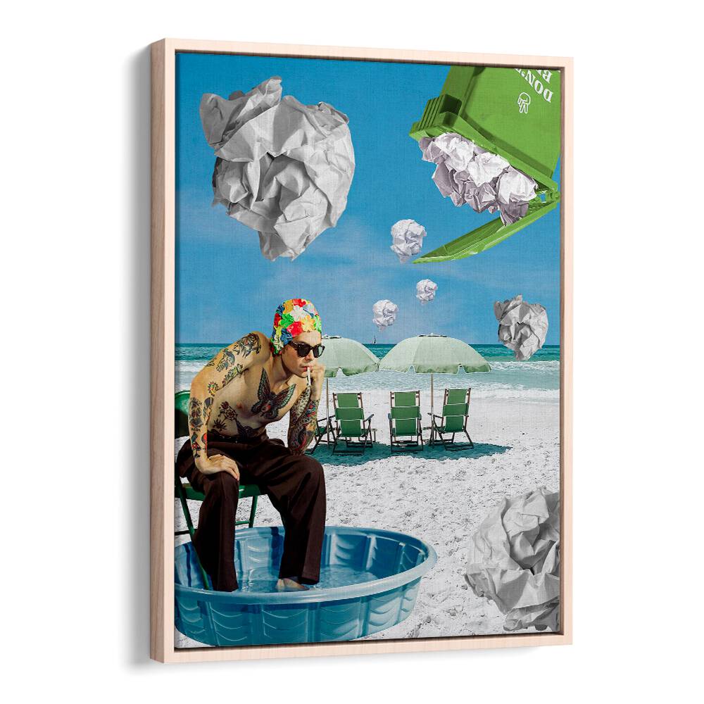 Surreal art print "PAPER BEACH" features a whimsical beach scene with a unique twist, perfect for any art lover.