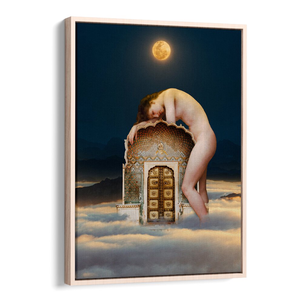 GATEKEEPER, ALTERED ART PRINTS showcase a surreal design with a moonlit figure embracing a mystical structure.