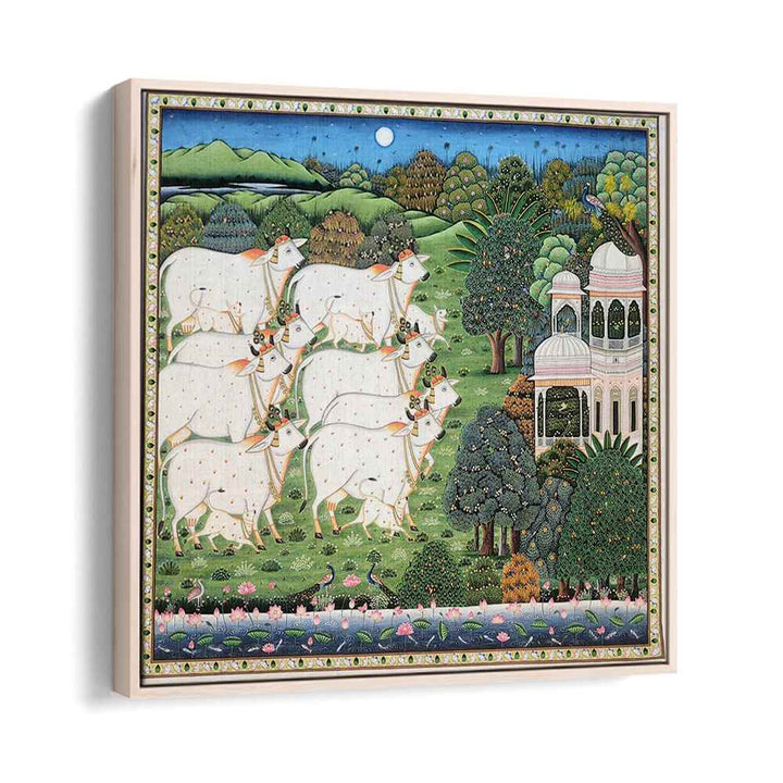 Enchanting COW AND CALF PICHWAI, INDIAN ART PAINTINGS showcasing traditional rural life in vibrant colors.