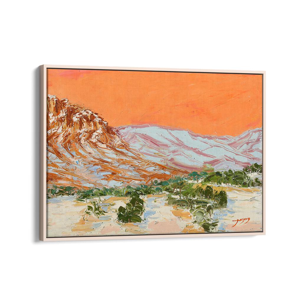 Vibrant MOUNTAIN, LANDSCAPE PAINTINGS featuring dramatic peaks and an orange sky, perfect for home decor.