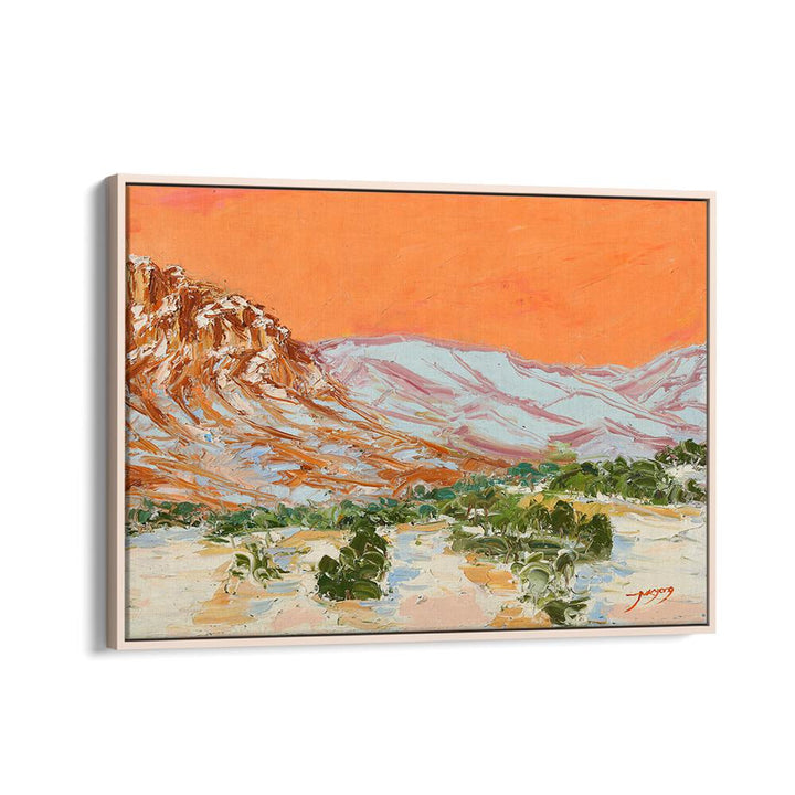 Vibrant MOUNTAIN, LANDSCAPE PAINTINGS featuring dramatic peaks and an orange sky, perfect for home decor.