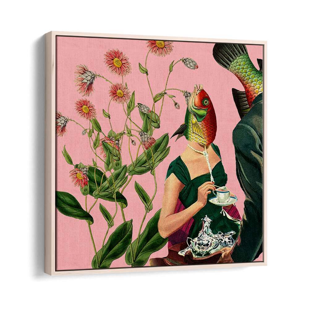 Vibrant Fish Soulmate Pink surreal art prints showcase a captivating collage, perfect for modern spaces.