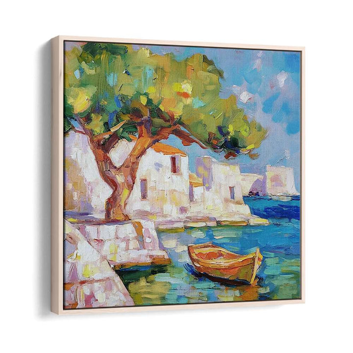 Colorful artwork featuring a BOAT BY THE SEA, perfect for enhancing your home or garden decor with coastal charm.
