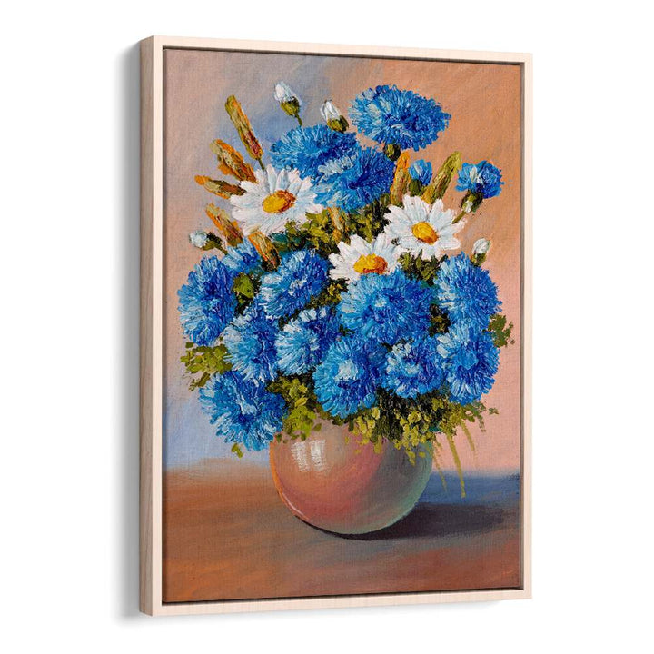 Blue and White Petals Vintage European Paintings in Oak Wood Floater Frame