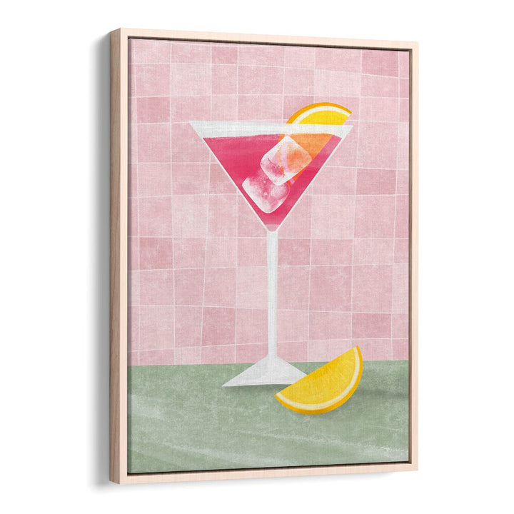 Stylish PINK COCTAIL, BAR art featuring a vibrant drink and lemon, perfect for cafe decor.