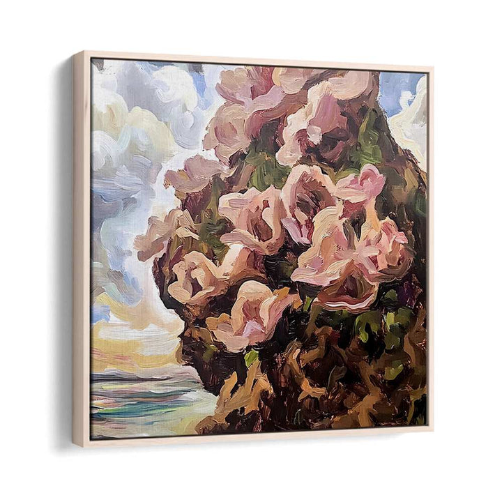 Vibrant FLOWERS BY THE BEACH artwork showcasing pink blooms against a serene coastal backdrop, perfect for any space.