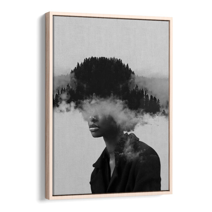 FOGGY THOUGHTS, SURREAL ART PRINTS showcase a dreamy forest merging with a serene portrait, perfect for enhancing creativity.