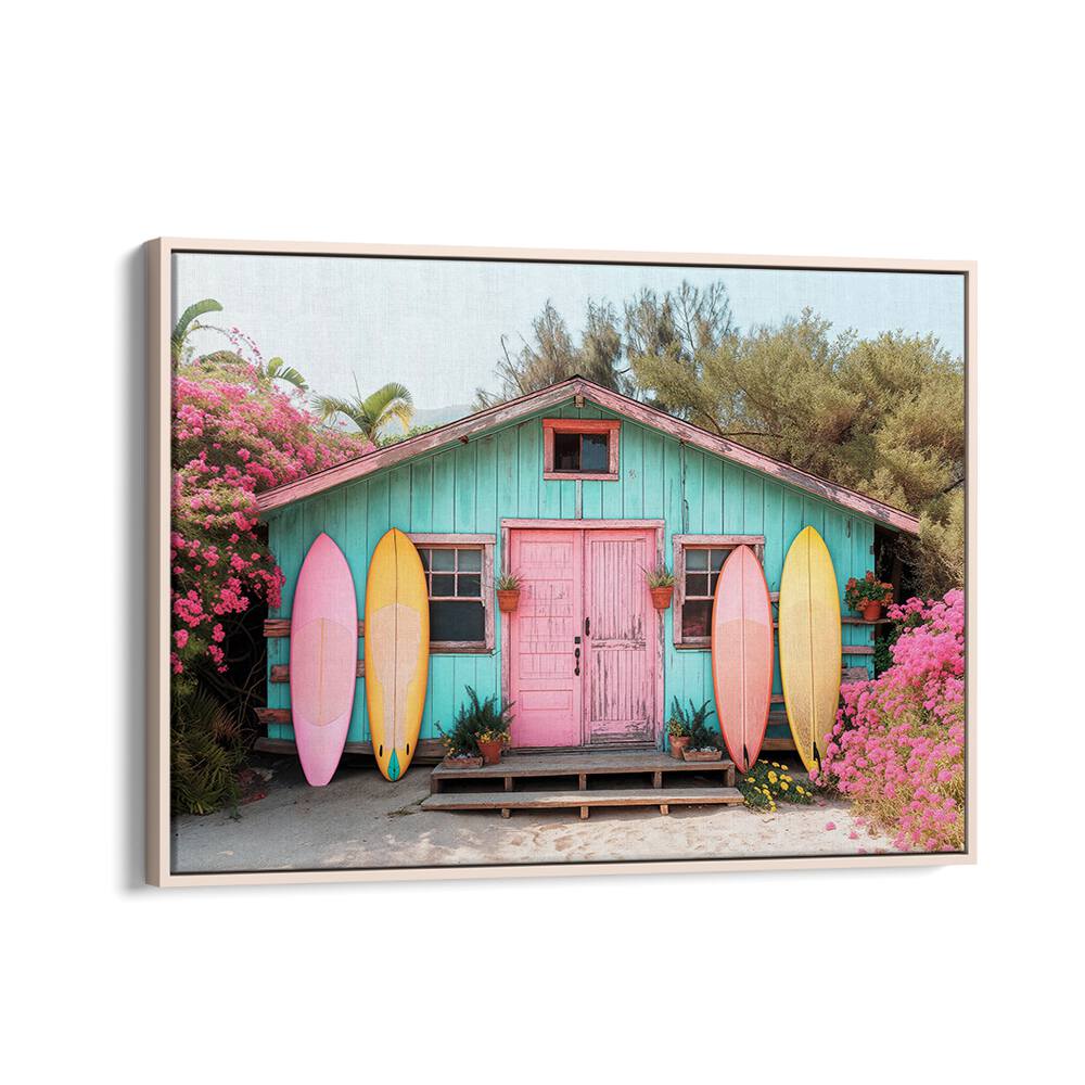 Colorful beach house with surfboards, capturing the essence of PARADISE LOST, BEACH PAINTINGS by Philippe Hugonnard.