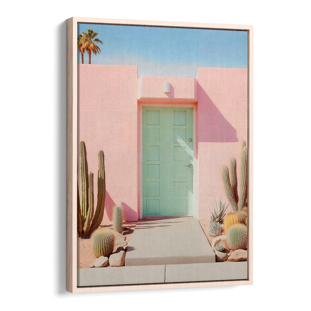Vibrant pastel door and cacti scene, showcasing PASTEL PALM SPRINGS, BEACH PAINTINGS for stylish home decor.