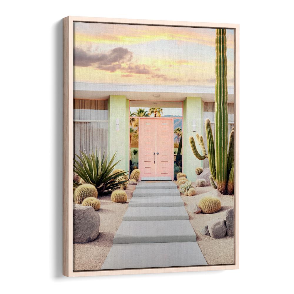 End of the Day in Palm Springs, Beach Paintings showcases a vibrant desert scene with iconic architecture and cactus.