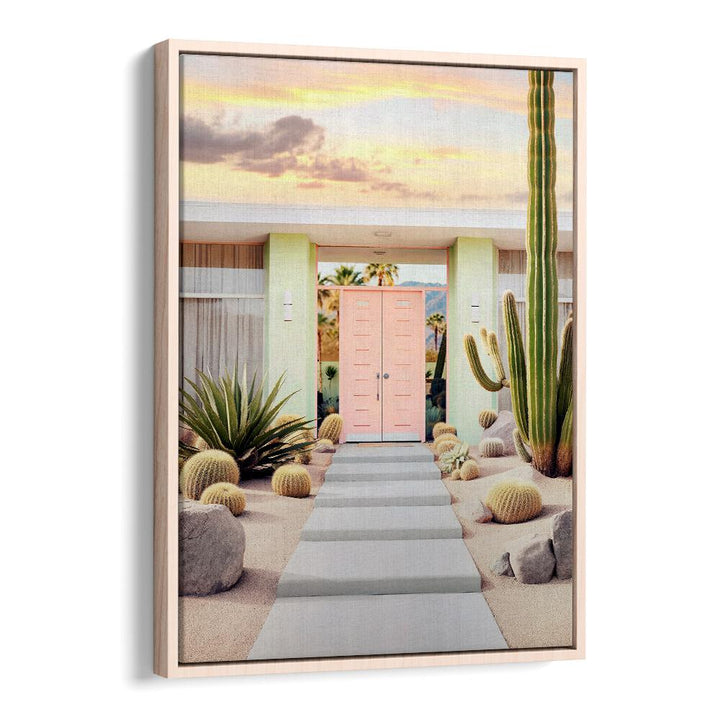End of the Day in Palm Springs, Beach Paintings showcases a vibrant desert scene with iconic architecture and cactus.