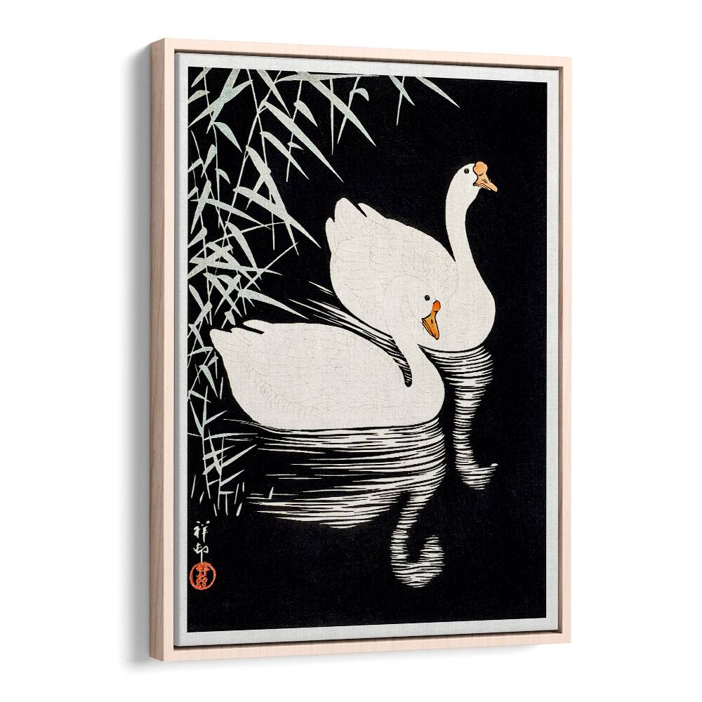 WHITE CHINESE GEESE SWIMMING   , JAPANESE PAINTINGS , JAPANESE ART PRINTS