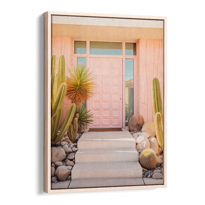 PINK MID-CENTURY, BEACH PAINTINGS showcase a vibrant pink door framed by cacti, perfect for nostalgic decor.