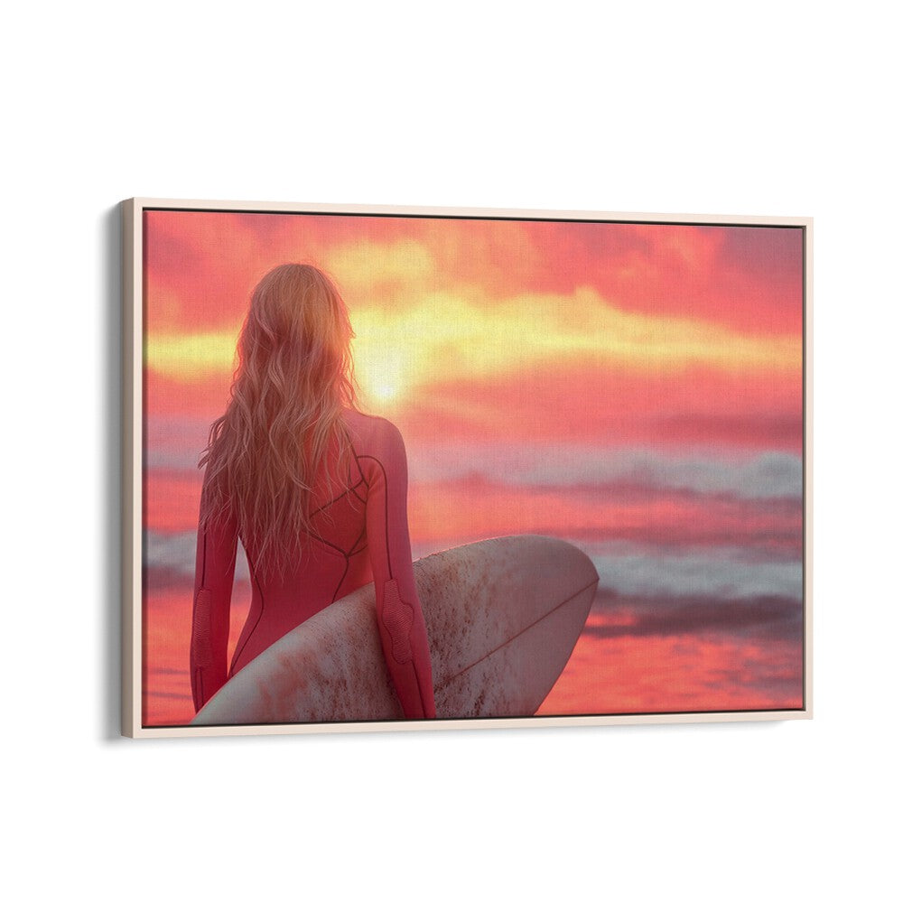 Surfer gazing at a vibrant sunset, showcasing the essence of SURFSIDE ELEGANCE, BEACH PAINTINGS by Philippe Hugonnard.