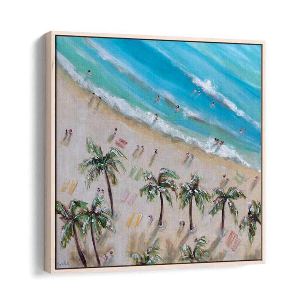 Colorful BEACH AND PALM BLISS, BEACH PAINTINGS capture serene coastal vibes with vibrant palm trees and sandy shores.
