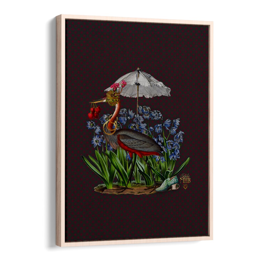 Whimsical ENCHANTED FOREST I, ANIMAL PAINTINGS artwork featuring a colorful heron among vibrant flowers, perfect for home decor.