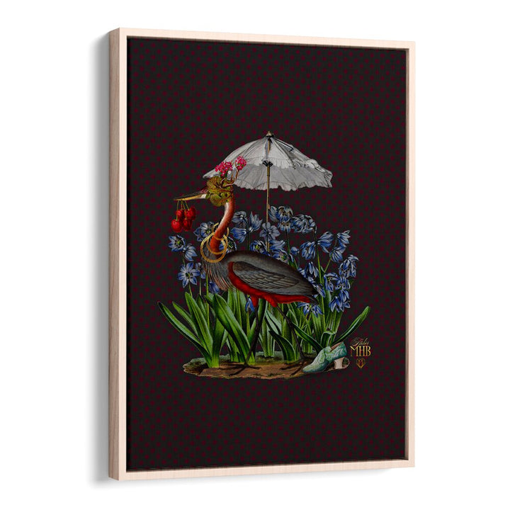 Whimsical ENCHANTED FOREST I, ANIMAL PAINTINGS artwork featuring a colorful heron among vibrant flowers, perfect for home decor.