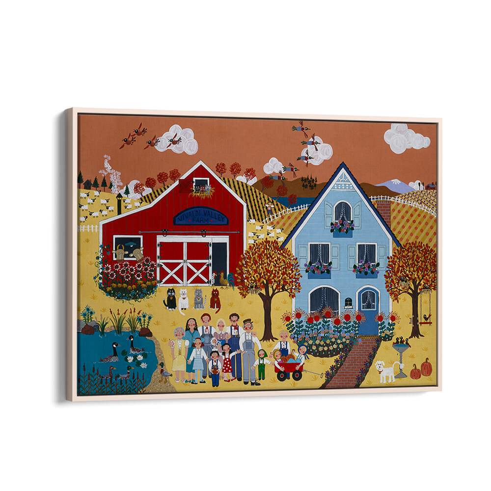 Bright autumn scene with children and barns, perfect for FALL, KIDS ROOM PAINTINGS to inspire creativity.