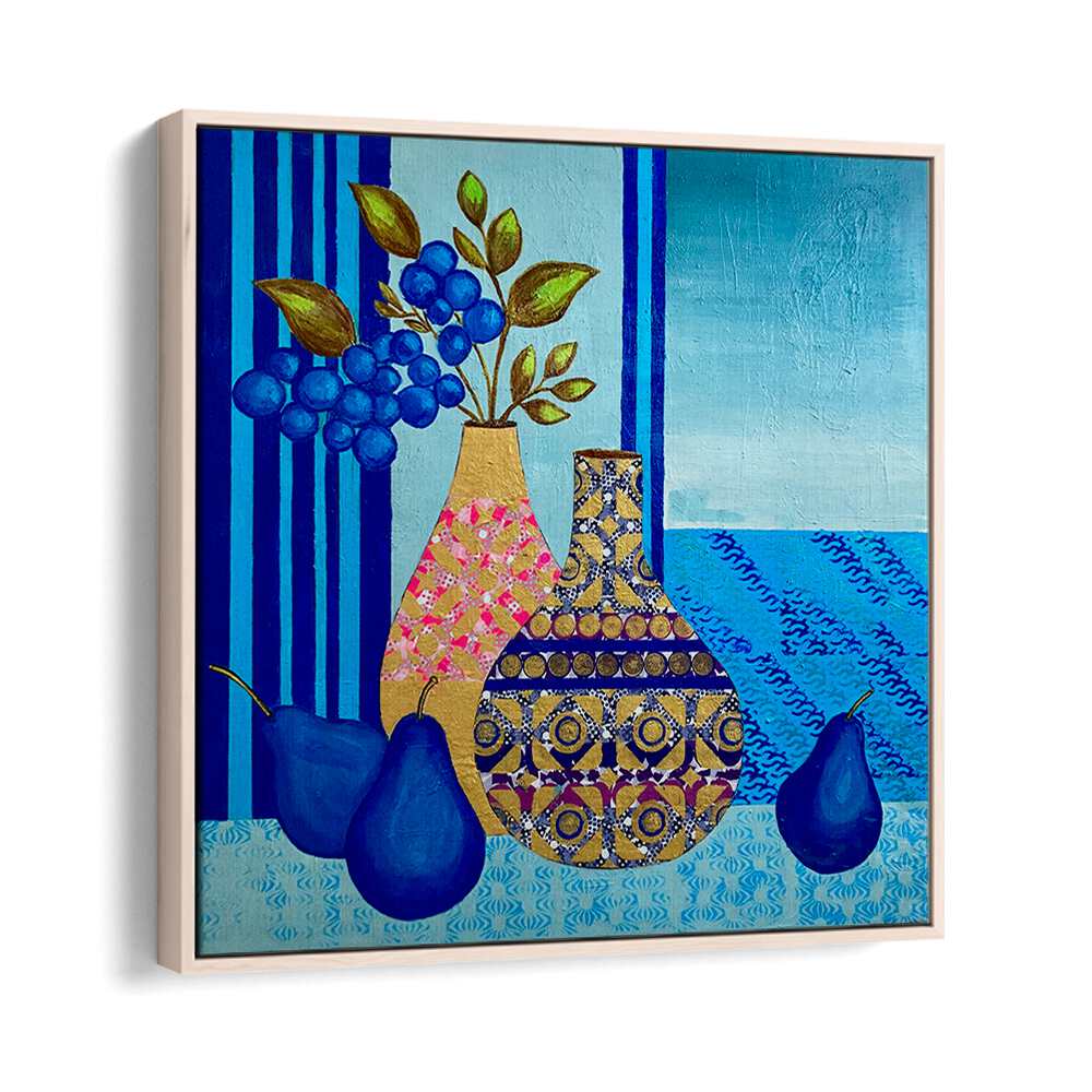Colorful BLUE MORNING, KITCHEN POSTERS artwork featuring vases and fruits, perfect for enhancing home décor.