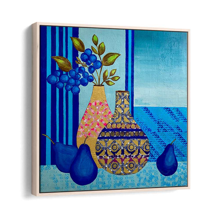 Colorful BLUE MORNING, KITCHEN POSTERS artwork featuring vases and fruits, perfect for enhancing home décor.