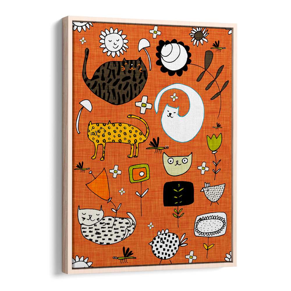 Vibrant SPRING CAT ORANGE, KIDS ROOM PAINTINGS featuring playful cats on an orange background, perfect for kids' decor.