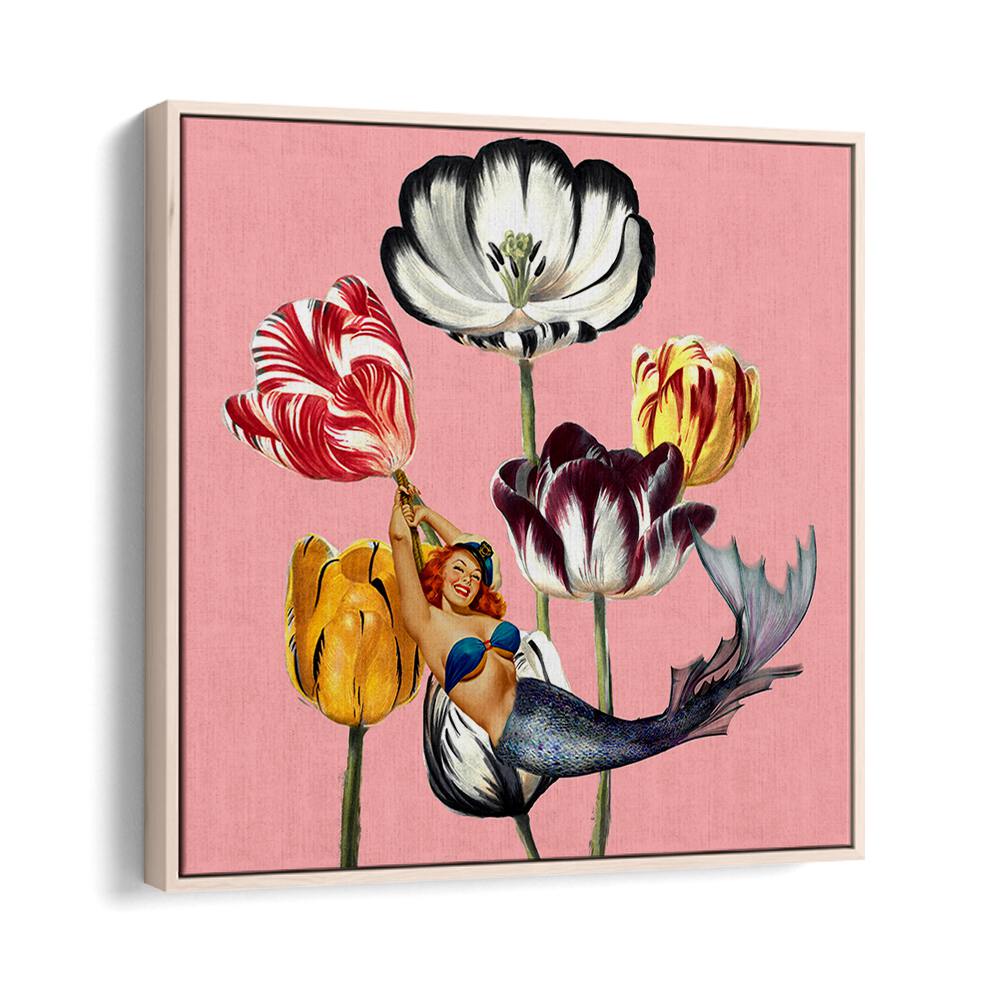 Enchanting MERMAID ON EARTH, PORTRAITS featuring a whimsical mermaid among vibrant tulips, perfect for any decor.