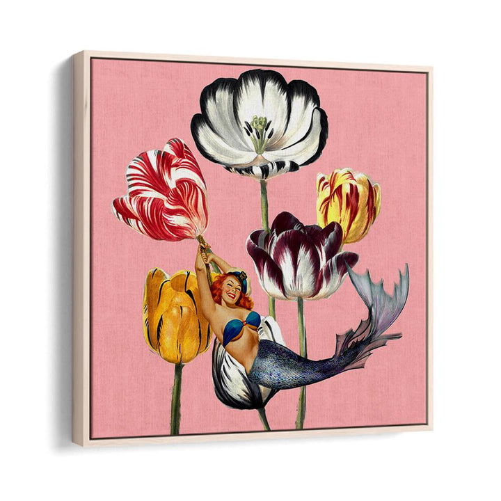 Enchanting MERMAID ON EARTH, PORTRAITS featuring a whimsical mermaid among vibrant tulips, perfect for any decor.