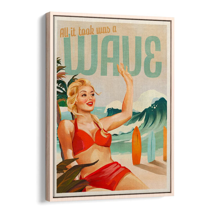 SURFING PINUP GIRL ON BEACH IN BIKINI BY THE WHISKEY GINGER , WOMEN ILLUSTRATION PAINTINGS