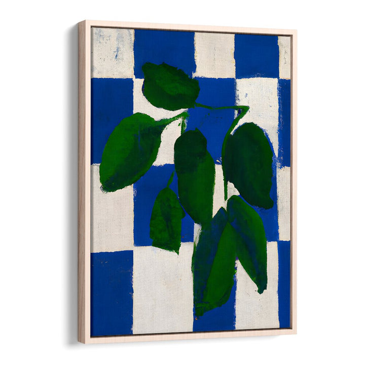 Checkered Greenery Kitchen Posters with vibrant green leaves over blue and white checkered background by OakwoodFloater.
