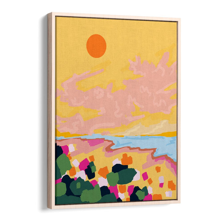 Colorful SUN EMBRACE, LANDSCAPE PAINTINGS depicting a vibrant sunset over a serene beach scene. Perfect for your space.