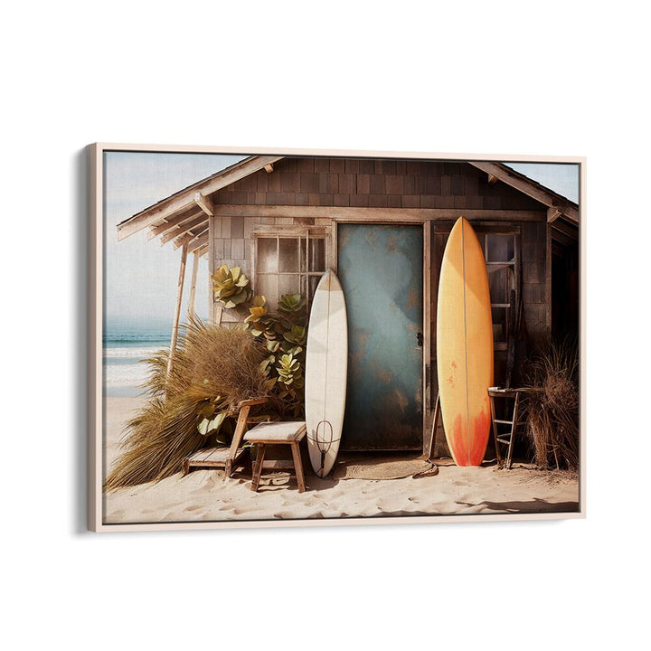 Rustic beach house with surfboards captures VINTAGE VIBRANCE, BEACH PAINTINGS essence by Philippe Hugonnard.