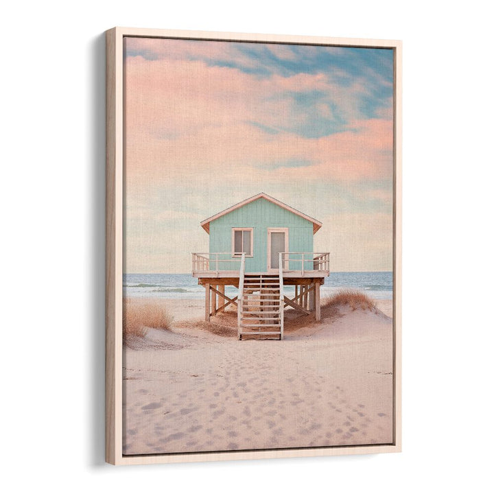 Serene PACIFIC SUNSET BEACH, BEACH PAINTINGS by Philippe Hugonnard, showcasing a charming beach house at sunset.