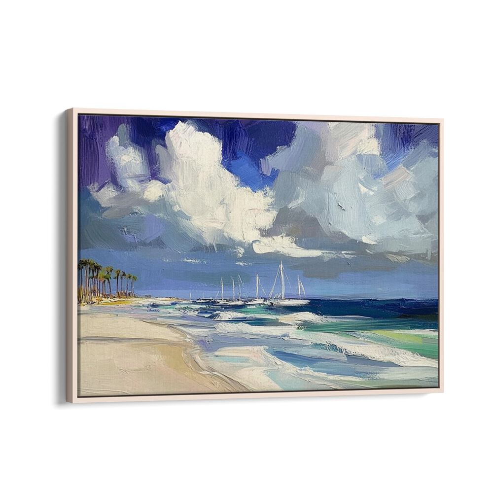 SAILBOATS ON THE BEACH II artwork captures serene coastal life with graceful sailboats gliding over tranquil waters.