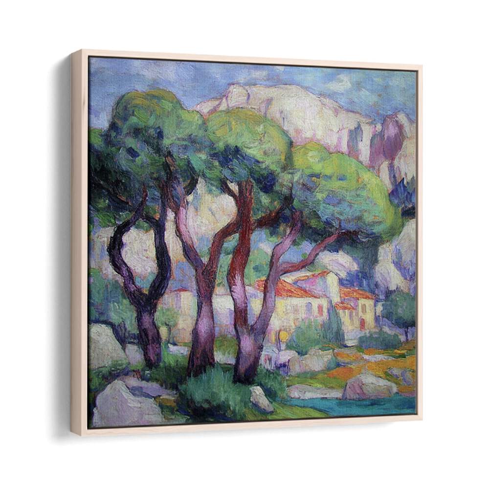Lush pine trees in front of the house artwork, perfect for adding nature's serenity to your space.