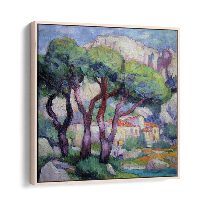 Lush pine trees in front of the house artwork, perfect for adding nature's serenity to your space.