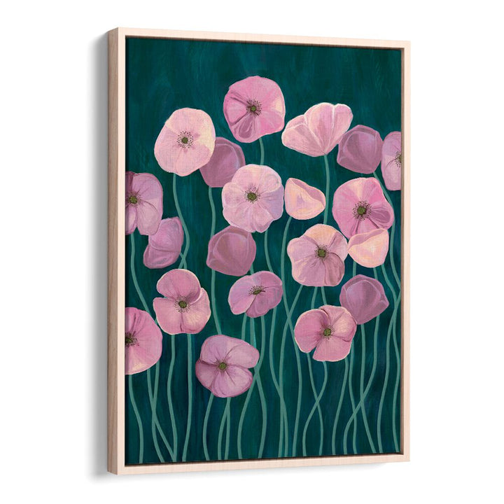 Vibrant PINK POPPIES II, FLORAL FLOWER PAINTINGS showcasing delicate pink blooms against a rich green backdrop.